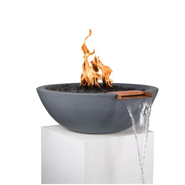 The Outdoor Plus Sedona GFRC Fire and Water Bowl Gray Finish With Stone Media, Yellow Flame and Water in White Background