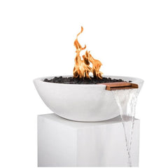 The Outdoor Plus Sedona GFRC Fire and Water Bowl Limestone Finish With Stone Media, Yellow Flame and Water in White Background