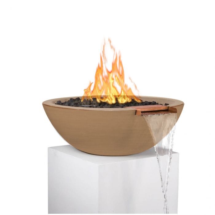 The Outdoor Plus Sedona GFRC Fire and Water Bowl Mettalic Bronze Finish With Stone Media, Yellow Flame and Water in White Background