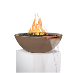 The Outdoor Plus Sedona GFRC Fire and Water Bowl Mettalic Copper Finish With Stone Media, Yellow Flame and Water in White Background