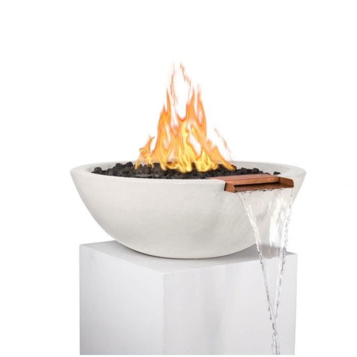 The Outdoor Plus Sedona GFRC Fire and Water Bowl Mettalic Pearl Finish With Stone Media, Yellow Flame and Water in White Background