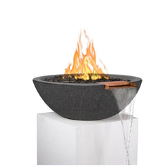 The Outdoor Plus Sedona GFRC Fire and Water Bowl Mettalic Slate Finish With Stone Media, Yellow Flame and Water in White Background