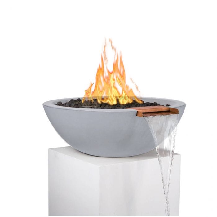 The Outdoor Plus Sedona GFRC Fire and Water Bowl Mettalic Silver Finish With Stone Media, Yellow Flame and Water in White Background