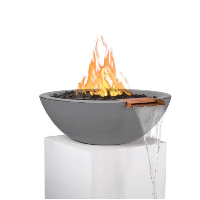 The Outdoor Plus Sedona GFRC Fire and Water Bowl Natural Gray Finish With Stone Media, Yellow Flame and Water in White Background