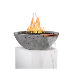 The Outdoor Plus Sedona GFRC Fire and Water Bowl Rustic Gray Finish With Stone Media, Yellow Flame and Water in White Background