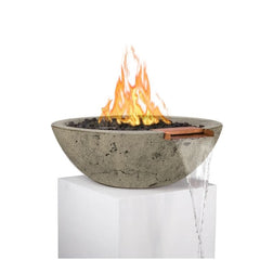 The Outdoor Plus Sedona GFRC Fire and Water Bowl Rustic Moss Stone Finish With Stone Media, Yellow Flame and Water in White Background