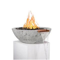 The Outdoor Plus Sedona GFRC Fire and Water Bowl Rustic White Finish With Stone Media, Yellow Flame and Water in White Background