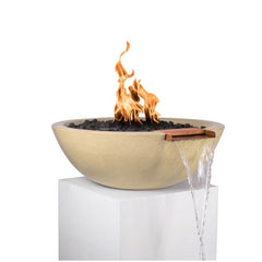 The Outdoor Plus Sedona GFRC Fire and Water Bowl Vanilla Finish With Stone Media, Yellow Flame and Water in White Background