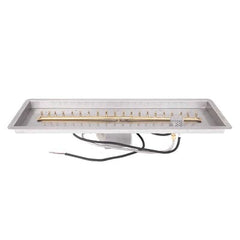 The Outdoor Plus Rectangular Drop-in Pan Brass Linear Burner Stainless Steel and Power Supply with White Background