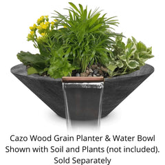 The Outdoor Plus Cazo Wood Grain Planter and Water Bowl Ebony Finish with Soil and Plants