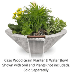 The Outdoor Plus Cazo Wood Grain Planter and Water Bowl Ivory Finish with Soil and Plants