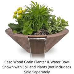 The Outdoor Plus Cazo Wood Grain Planter and Water Bowl Oak Finish with Soil and Plants