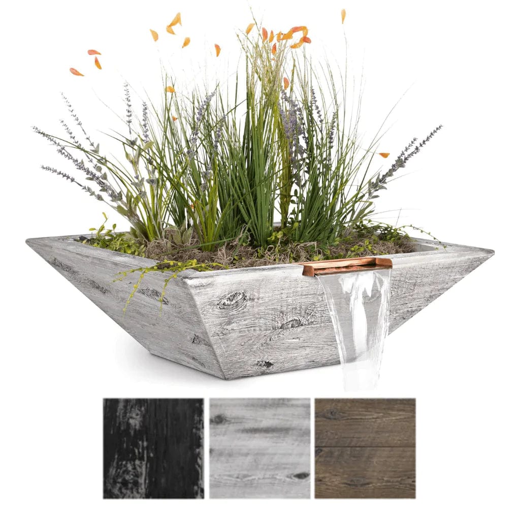 The Outdoor Plus Maya Wood Grain Planter and Water Bowl with Plants, Soil, and Water Available in Different Wood Grain Finishes