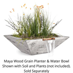 The Outdoor Plus Maya Wood Grain Planter and Water Bowl with Plants, Soil, and Water