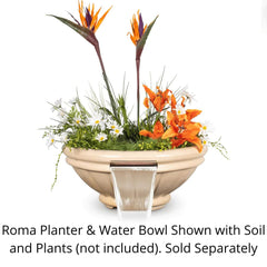 The Outdoor Plus Roma GFRC Concrete Planter and Water Bowl with Plants and Water in White Background