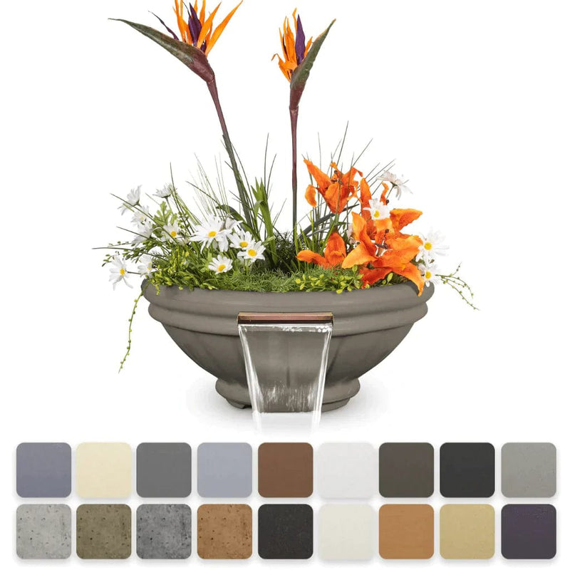The Outdoor Plus Roma GFRC Concrete Planter and Water Bowl with Plants and Water Available in Different Color Finish Displayed in White Background