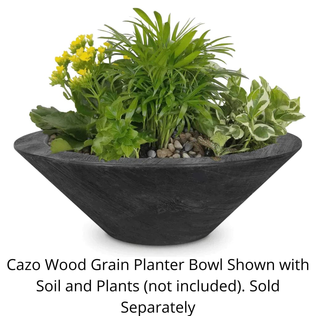 The Outdoor Plus Cazo Wood Grain Planter Bowl Ebony Finish with Soil and Plants