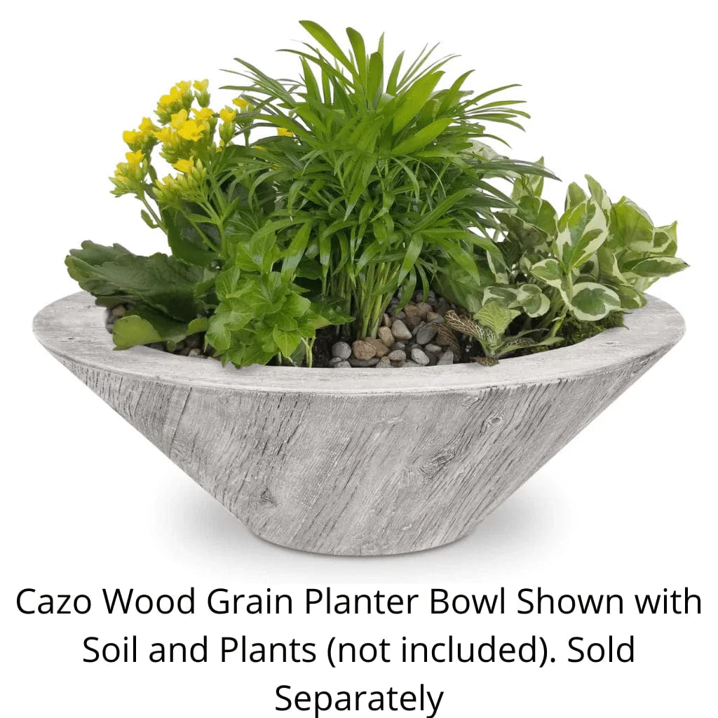 The Outdoor Plus Cazo Wood Grain Planter Bowl Ivory Finish with Soil and Plants