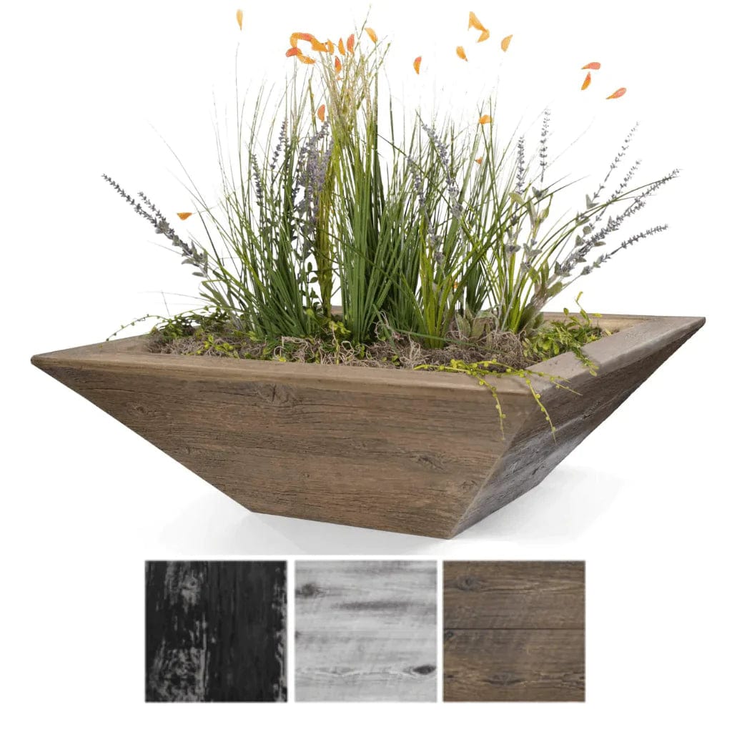 The Outdoor Plus Maya Wood Grain Planter Bowl with Plants and Soil Available in Different Wood Grain Finishes