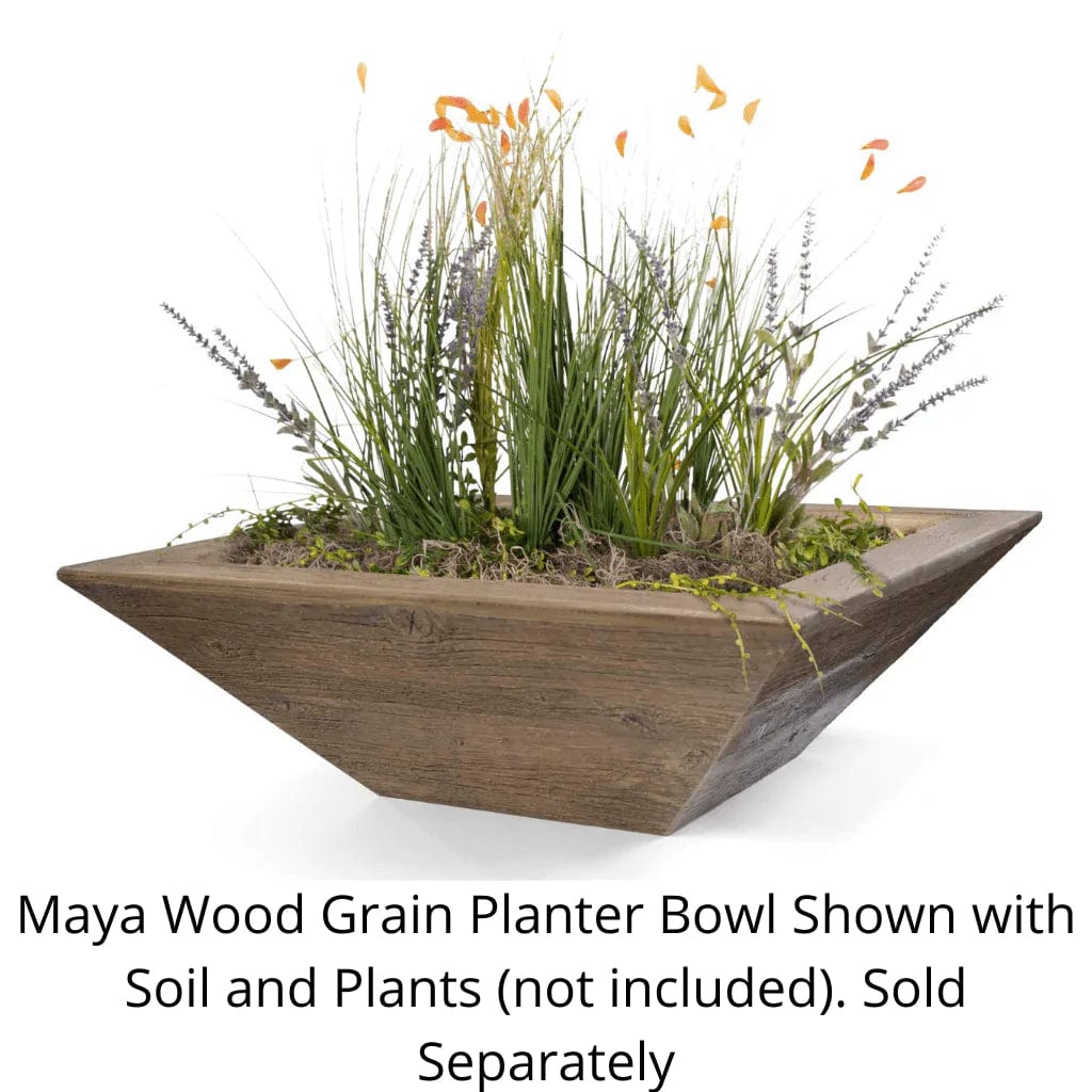 The Outdoor Plus Maya Wood Grain Planter Bowl with Plants and Soil in White Background