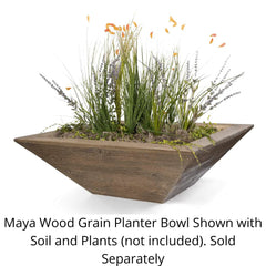 The Outdoor Plus Maya Wood Grain Planter Bowl with Plants and Soil in White Background