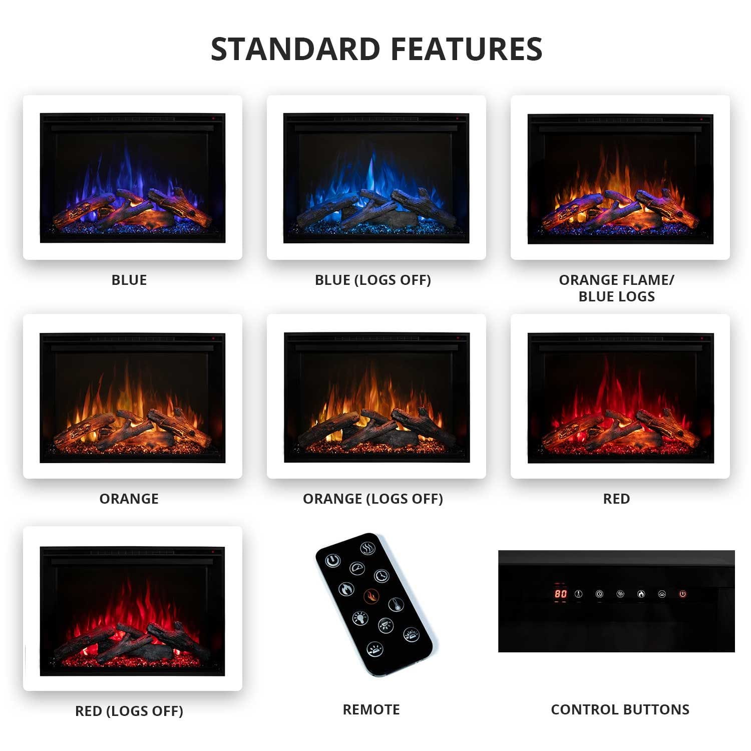 All Electric Redstone Fireplace Colors, Blue, Orange, Blue, Red with Remote and Control Buttons 