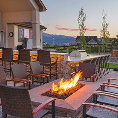 Outdoor Rectangular Firepit on the balcony with chairs and mountain view