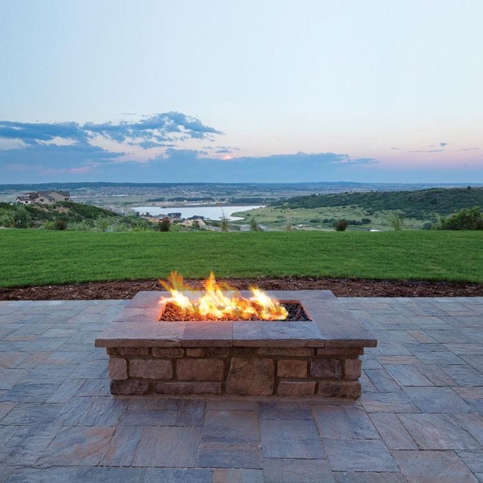 Square Outdoor Fireplace  with Warming Trends Universal Paver Kit Set Up in Mountain View